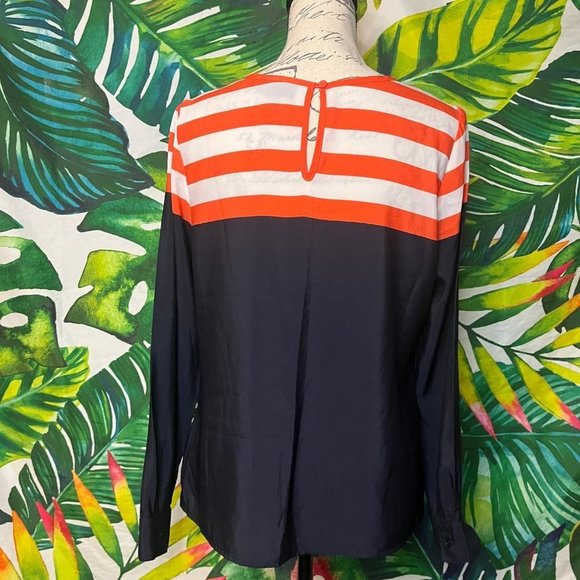 EUC Worthington Medium Navy Blue Red White Stripe Nautical Preppy Classic Blouse - Picture 2 of 8